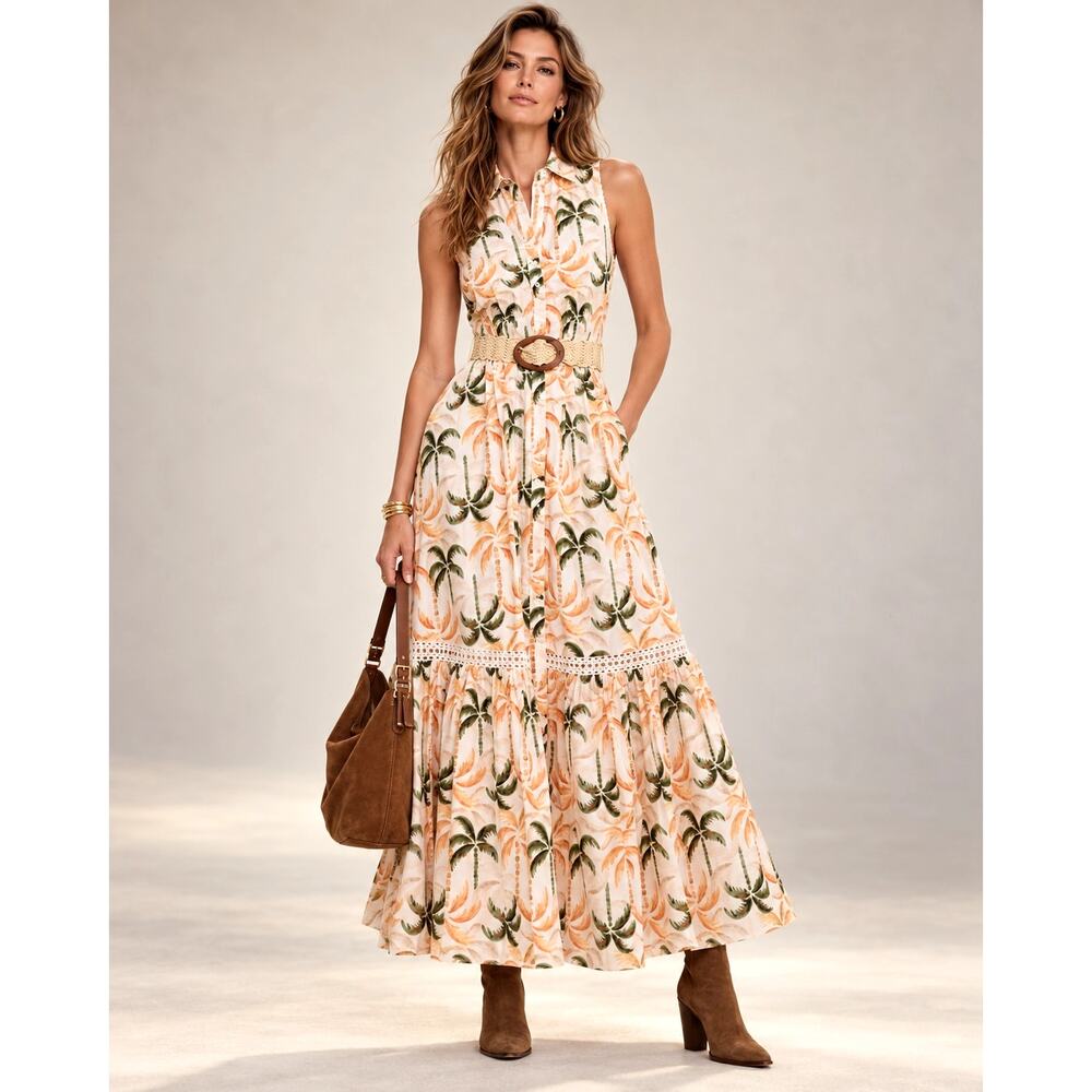 NEW! Nordstrom 8 Palm Tree Button Front Maxi Dress $179 Rafia Belted Pleated Tan